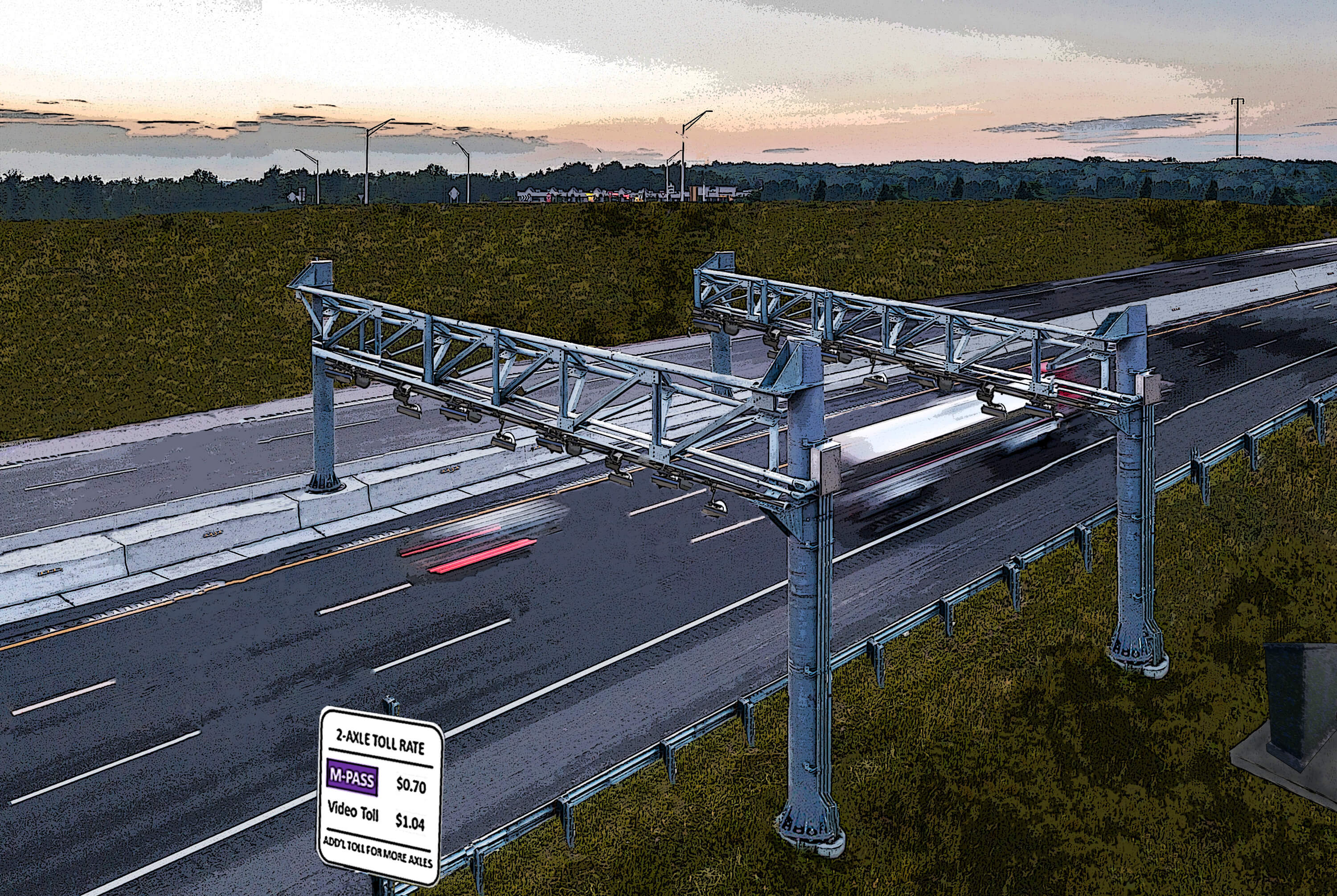 A concept image of AET toll gantries in Michigan.